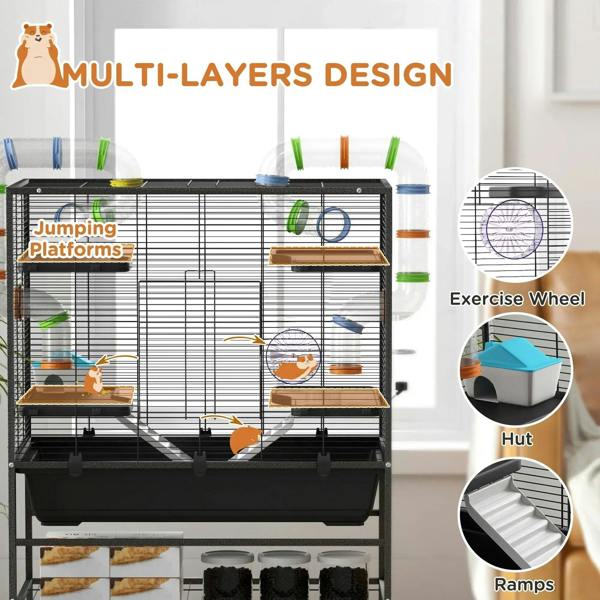 Large black hamster cage showing hanging wheel, ramps, and multi-layer platforms