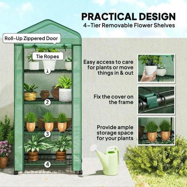 Bobobiy 4 Tier Mini Portable Greenhouse Compact Plant Grow Shed Metal Frame PE Cover with Lockable Rolling Wheels , Green