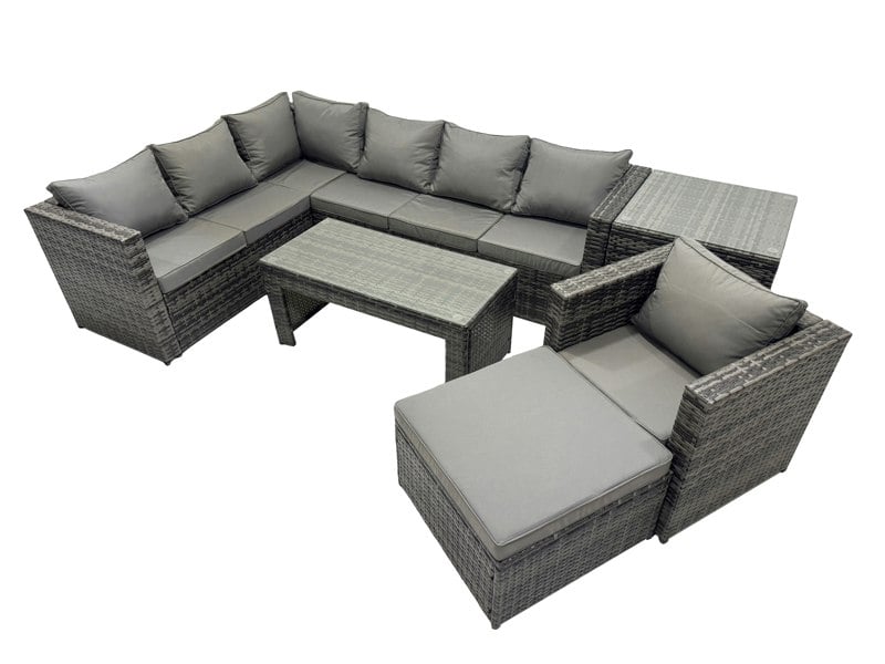 Fimous 6 Pieces Outdoor PE Rattan Garden Furniture Corner Sofa Oblong Coffee Table Set with Cushions Big Footstool Side Table Dark Grey Mixed