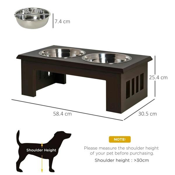 Brown raised double dog bowl stand with two stainless steel bowls and height measurements