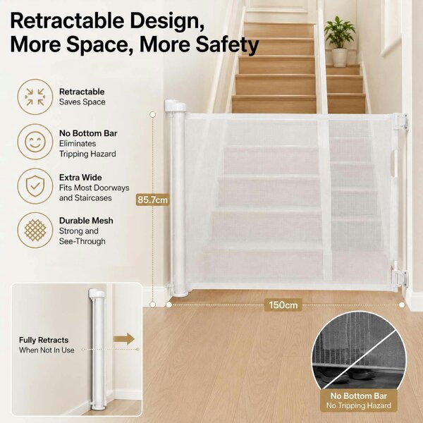 Dekko Retractable Stair Gate One Hand Lock 150cm PVC Mesh For Hallways Grey