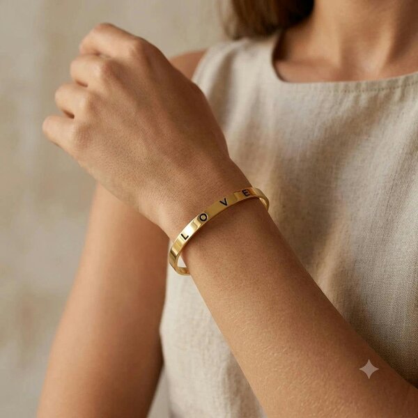 The Colourful Aura Gold Plated Oval Shape LOVE Engraved Open Cuff Bangle Bracelet