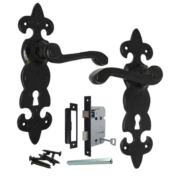 EDH Door Hardware Black Cast Iron Fleur-de-Lys Door Handles – Lever Latch, Bathroom Lock & 3 Lever Lock Sets