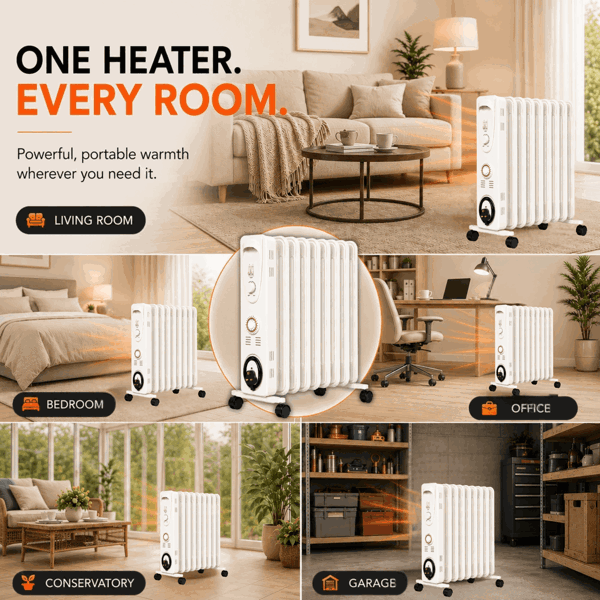 Mylek Oil Filled Electric Portable Heater Radiator with Adjustable Thermostat 2000w With Timer
