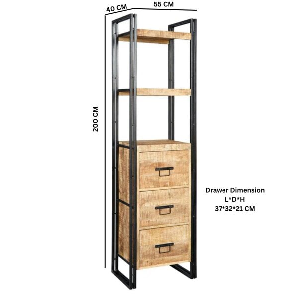 Wyld Haus Toivakka Industrial Reclaimed Wood and Metal Narrow Bookcase 3 Drawers