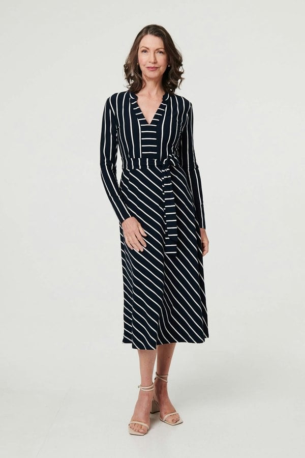 Blue | Striped Tie Waist Long Sleeve Midi Dress
