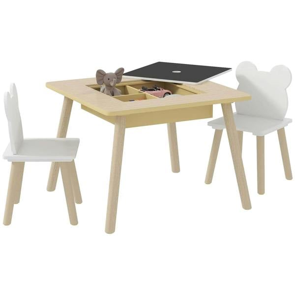 Kids activity table set with black play surface, storage grid, and two white chairs