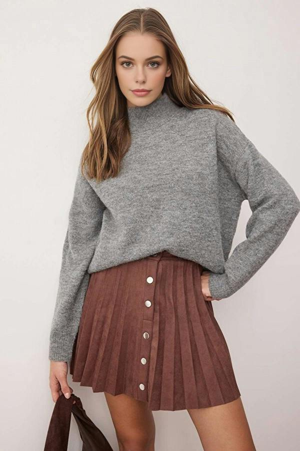 WOVCOR Suede Snap Button A-line Pleated Stretch Mini Skirt