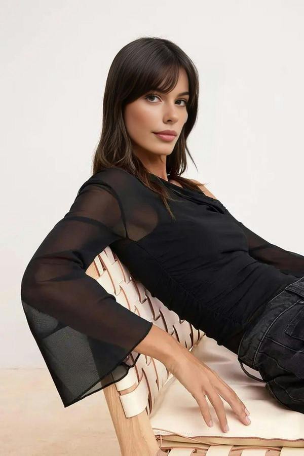 WOVCOR Fitted Asymmetric Neck Long Sleeve Ruched Mesh Blouse