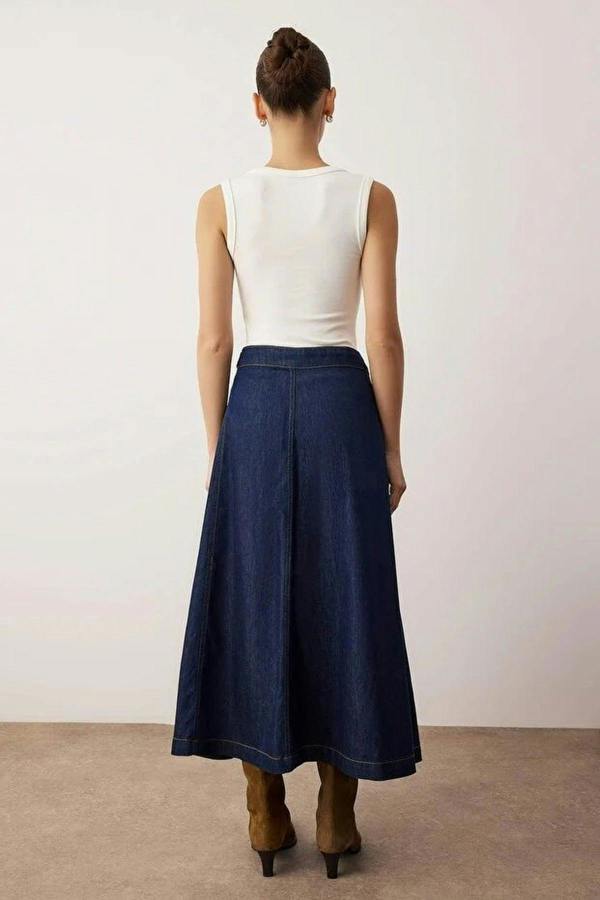 WOVCOR Double-Breasted Midi Denim Skirt with Belt Detail