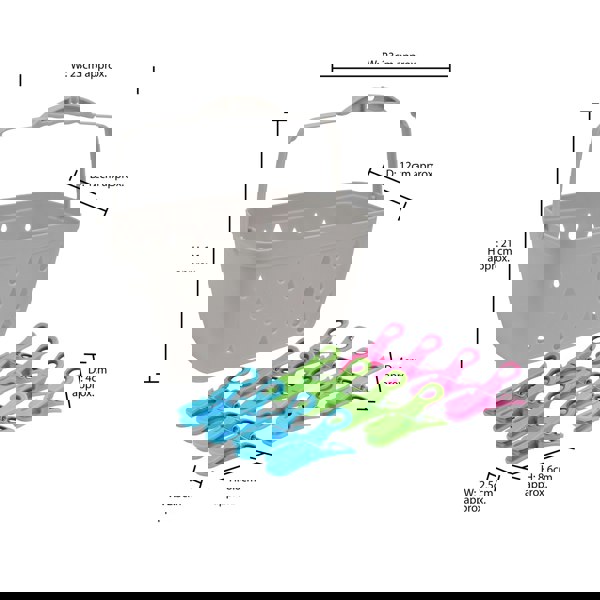 JVL Plastic Peg Basket, Grey with 48 Prism Clip Pegs with Hooks, Multi
