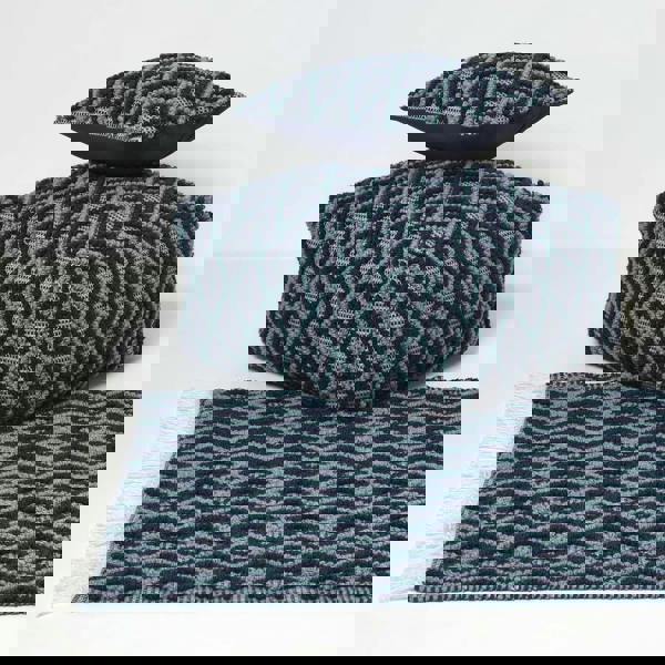 HOMESCAPES Tula Handwoven Textured Navy & Teal Pouffe Bean Cube