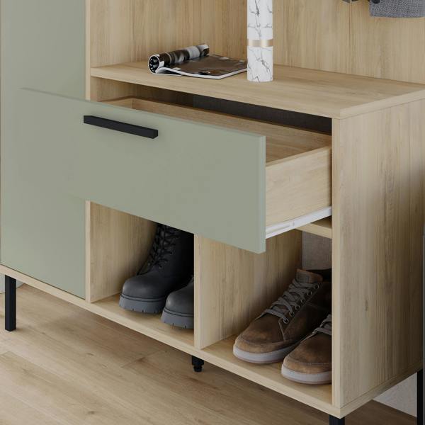 Decortie Hall Tree 108x195.3cm 1-Drawer and 1-Door Storage Cabinet, 4 Metal Coat Hooks Sturdy Metal Legs, Hallway Oak