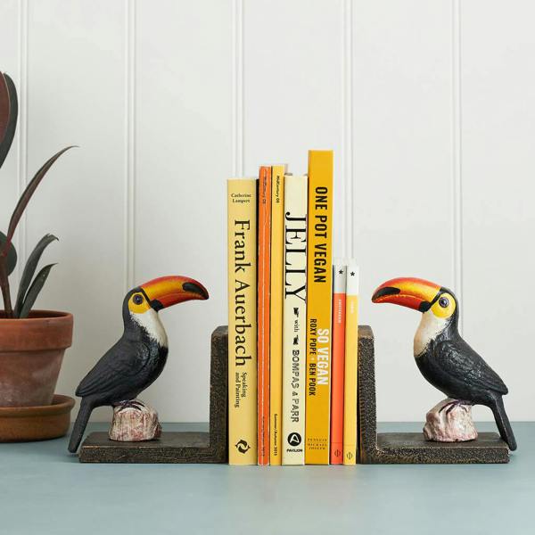 A pair of vibrant, painted toucan bookends facing inward on a blue table surface, holding a collection of brightly coloured books, including a yellow "One Pot Vegan" cookbook. A potted plant is visible in the background, adding to the tropical aesthetic.