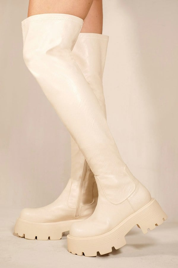 Where's That From Tilley Chunky Chelasea Calf High Boots With Side Zip in Ivory Cream Faux Leather