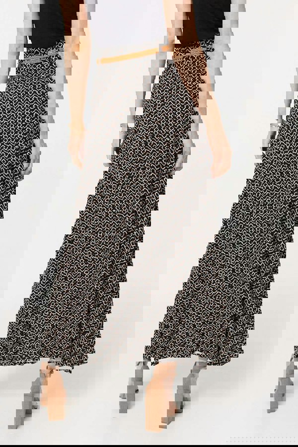 Black | Printed A-Line Belt Maxi Skirt