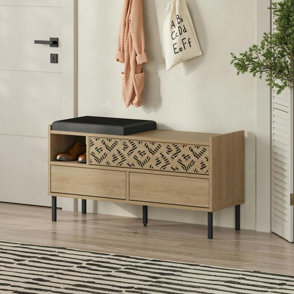 Decortie Heaton Shoe Bench w/ Fabric Cushion Seat 3-door Storage Cabinet 111(W)x37(D)x56.5(H)cm Metal Legs Hallway