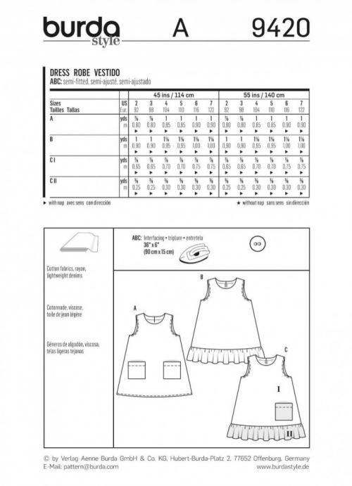 Burda Sewing Pattern 9420 Dresses For Kids and Babies, 2-7 Years - Easy