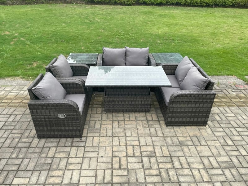Fimous Outdoor Rattan Garden Furniture Set Patio Height Adjustable Rising lifting Dining Table Love Sofa With 2 Side Tables