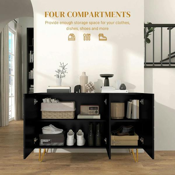 Black high-gloss sideboard open front showing shelves and storage compartments