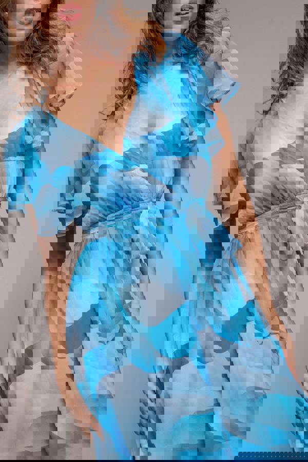 Printed Flutter Sleeve Chiffon Midi Dress - Light Blue DR4515