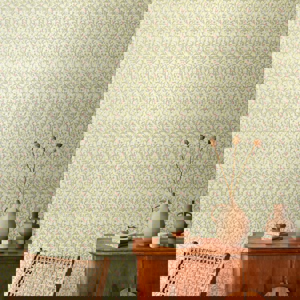 Hoopla Walls Floral Trail - Sage & Coral 10m Wallpaper