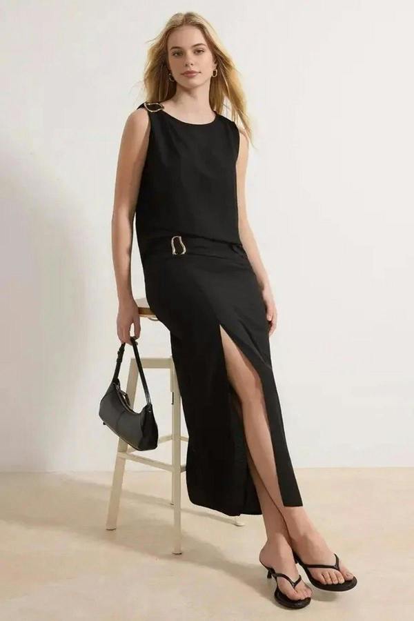 WOVCOR 2-Piece Blouse-Skirt Woven Top and Bottom Set with Accessories and Slit Detail