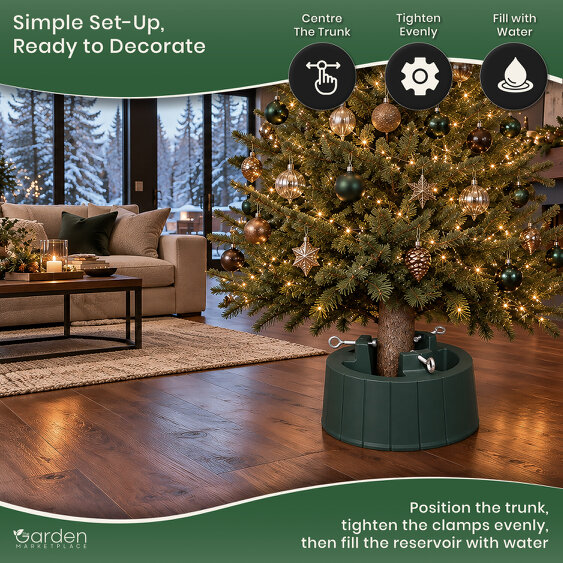 Large Trunk Christmas Tree Stand with Large Water Tank, For Trees up to 2.6m Tall, 3 Screw Clamps for 35–130mm Trunks, 6.2L Capacity, 40cm Diameter