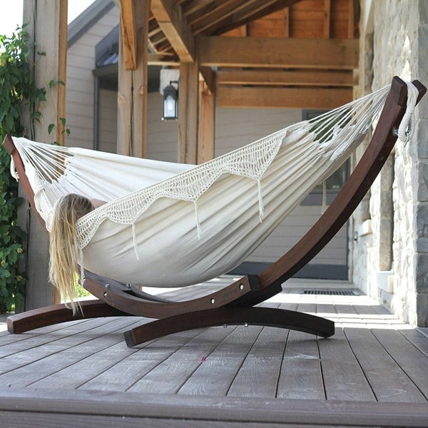 Vivere Double Cotton Hammock with Solid Pine Stand (260cm) - Natural with Fringe