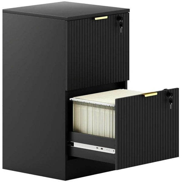 Filing Cabinet, Fluted Vertical File Cabinet with 2 Lockable Drawers and Hanging Rails, Black