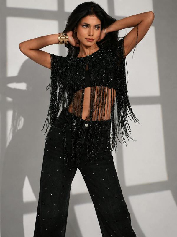 Rose & Nancy Bella Black Hand Beaded Throw On Cape Fringed Top
