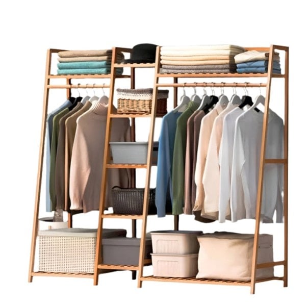 Modcraft Bamboo Garment Rack with 2 Hanging Rods & 5 Tier Storage Shelves – Natural Wood Finish