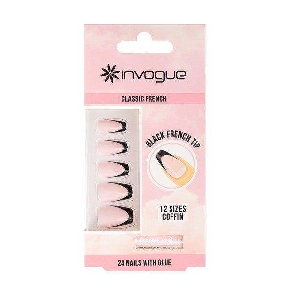 Invogue Black French Tip Coffin Nails - Pack of 24