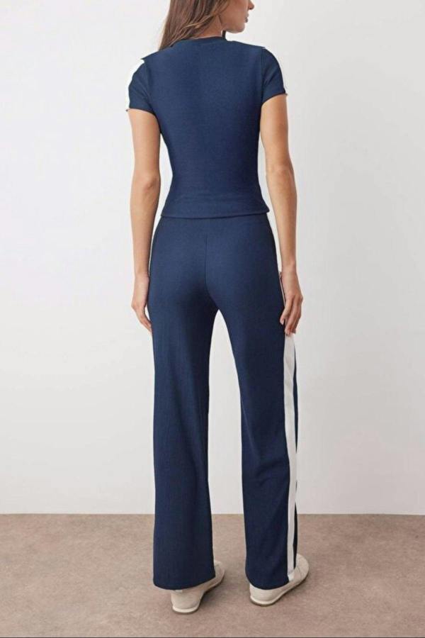 WOVCOR 2-Piece Knit Blouse & Pants Set with Stripe Detail