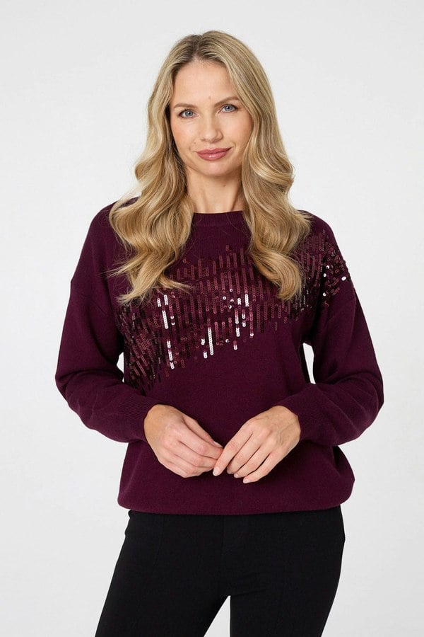 Red | Sequinned Detail Relaxed Jumper
