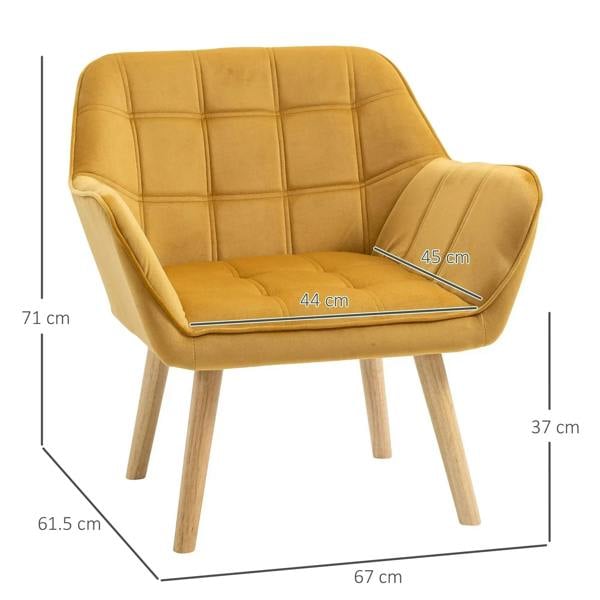 Yellow upholstered vanity accent chair with wide arms, slanted back, and wooden legs