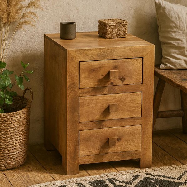 Wyld Haus Manila Light Mango Wood Modern 3 Drawer Bedside Table