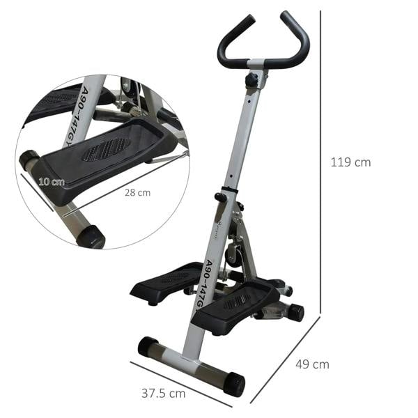 Grey stepper with adjustable handle, black twist pedals, and size dimensions