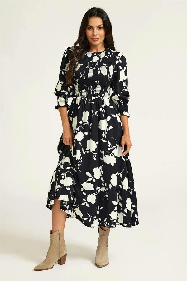 FS Collection Floral Print 3/4 length Sleeves Smocked Midi Dress In Black