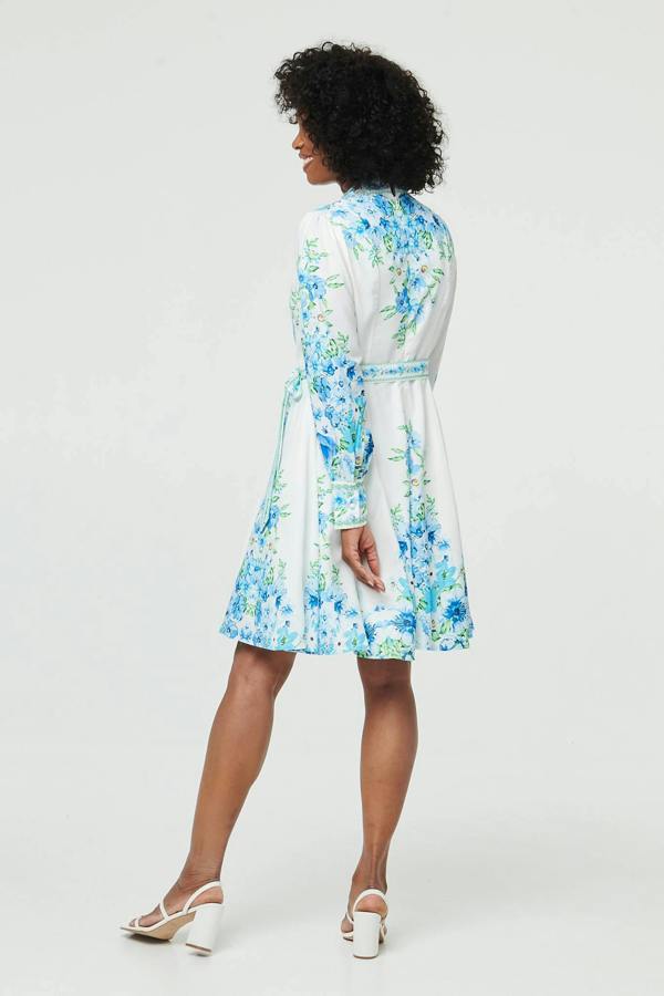 White | Floral Border Print Tie Short Dress