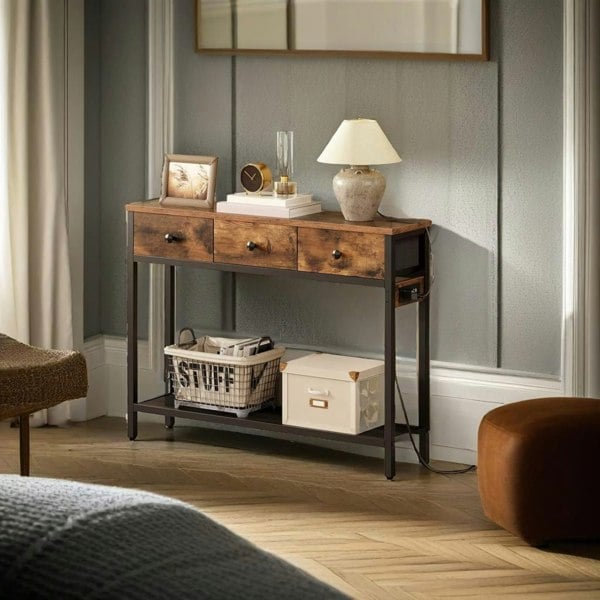 Modcraft Slim Console Table with Power Outlet and with 3 Fabric Drawers
