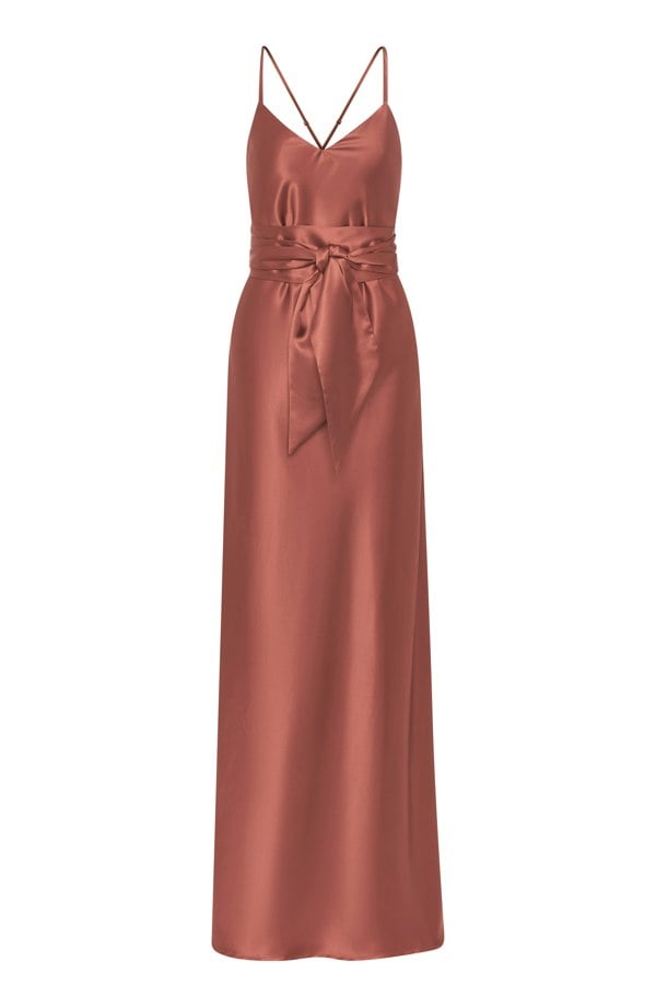 Rewritten London Brooklyn Dress in Terracotta Satin