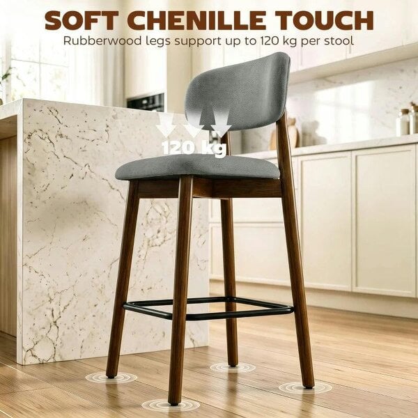 Bar Stools Curved Open Back Padded Seat Footrest Set of 2 for Kitchen Grey