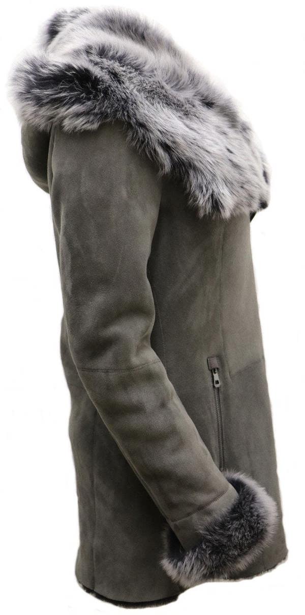 Infinity Leather Womens Grey Suede Hooded Merino Sheepskin Coat-Monrovia