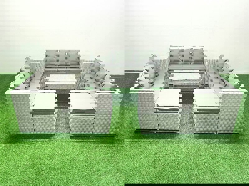 Fimous Rattan Garden Outdoor Furniture Set 11 Seater Garden Sofa Oblong Coffee Table Set with 2 Big Footstools Light Grey Mixed
