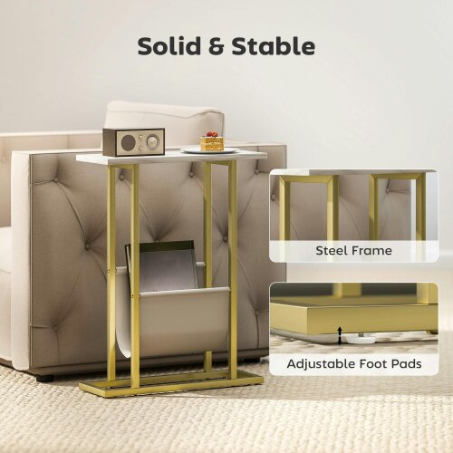 Wyld Haus Vanozi Wooden White Marble Grain Slim Side Table With Magazine Holder For Small Spaces
