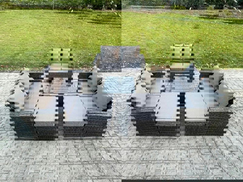 Fimous 8 Seater Outdoor Rattan Garden Furniture Set Conservatory Patio Sofa Coffee Table Set with 2 Big Footstool Dark Grey Mixed