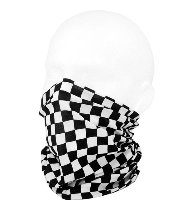 RUFFNEK® Black & White Chequerboard Snood – versatile neck warmer for bikers, chefs, and F1 fans.