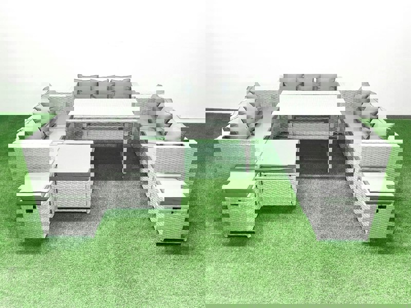 Fimous Rattan Garden Outdoor Furniture Set 12 Seater Garden Sofa Rectangulr Dining Table Set with 3 Footstools Light Grey Mixed