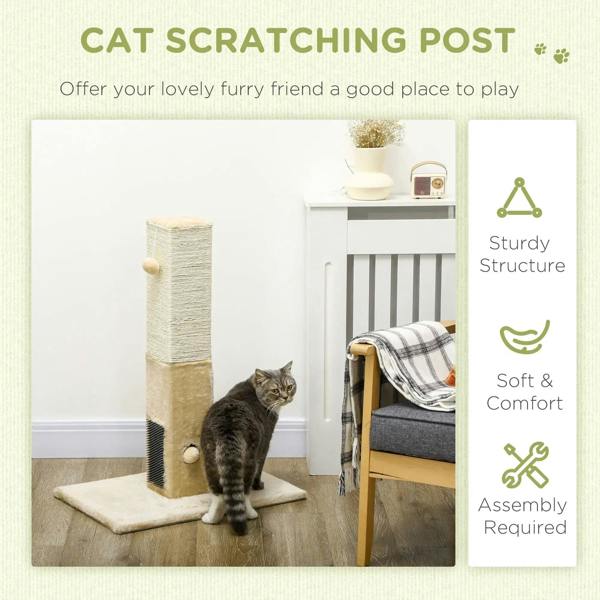Beige jute cat scratching post with carpet base, shown in a feature infographic